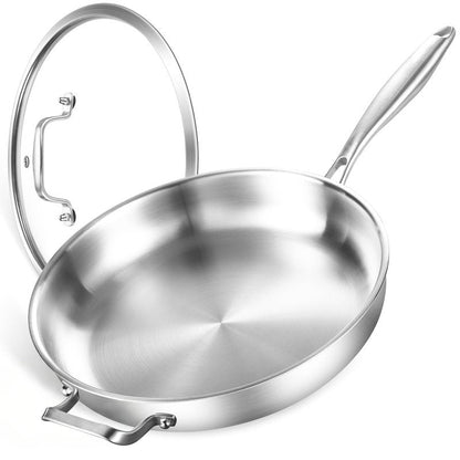 DELARLO Stainless Steel Pan 14-Inch, Large Frying Pan with Lid, Heavy Duty, Compatible with Induction, Gas and Electric up to 650℉, Fast & Even Heating, Dishwasher, Oven Safe Skillet, PTFE & PFOA Free