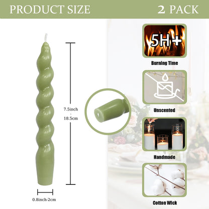 Smokeless Green Short Spiral Twisted Taper Candle，7.5 Inches Dripless Candlesticks 2 Pack Unscented Stable Flameg Candle for Home Decor Weddings & Holiday