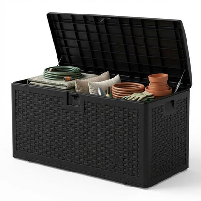 99 Gallon Waterproof Large Resin Deck Box Indoor Outdoor, Lockable Storage Container for Patio Furniture Cushions, Throw Pillows, Garden Tools, and Pool Floats Brown 50" L x 26" W x 25" H