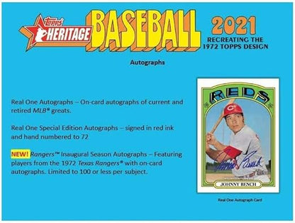 2021 Topps Heritage Baseball Factory Sealed Blaster Box 8 Packs of 9 Cards. CLASSIC 1972 VINTAGE TOPPS DESIGN.