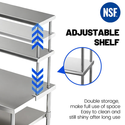 Hally Double Overshelf of Stainless Steel 12'' x 72'' Weight Capacity 420lb, Commercial 2 Tier Shelf for Prep & Work Table in Restaurant, Home or Kitchen