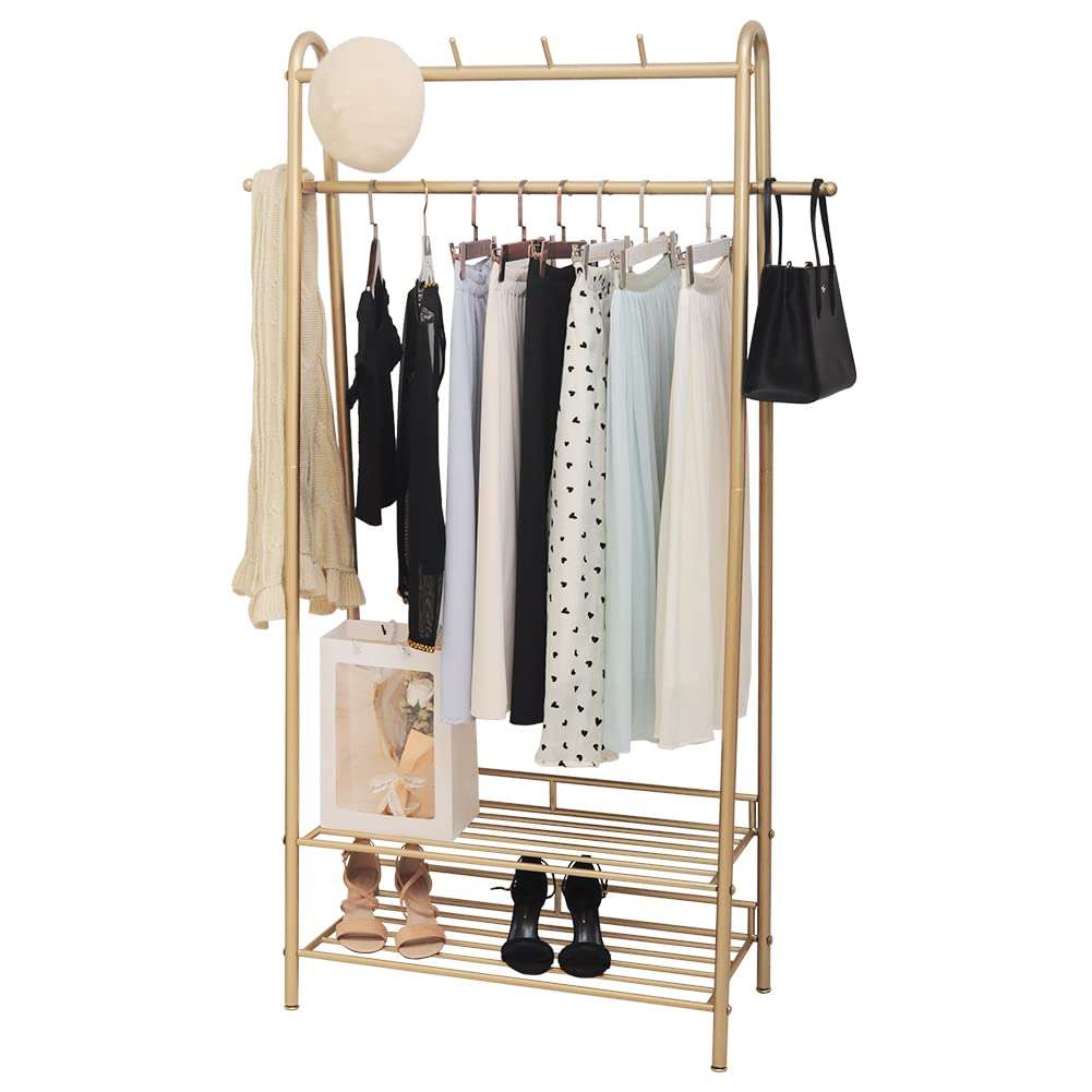 Cre Cra Gold Clothing Rack Freestanding Industrial Garment Rack with Double Shelves Heavy Duty Metal Modern Clothes Rack Stand Multi-functional Coat Hanger Rack Stand for Boutiques Bedroom