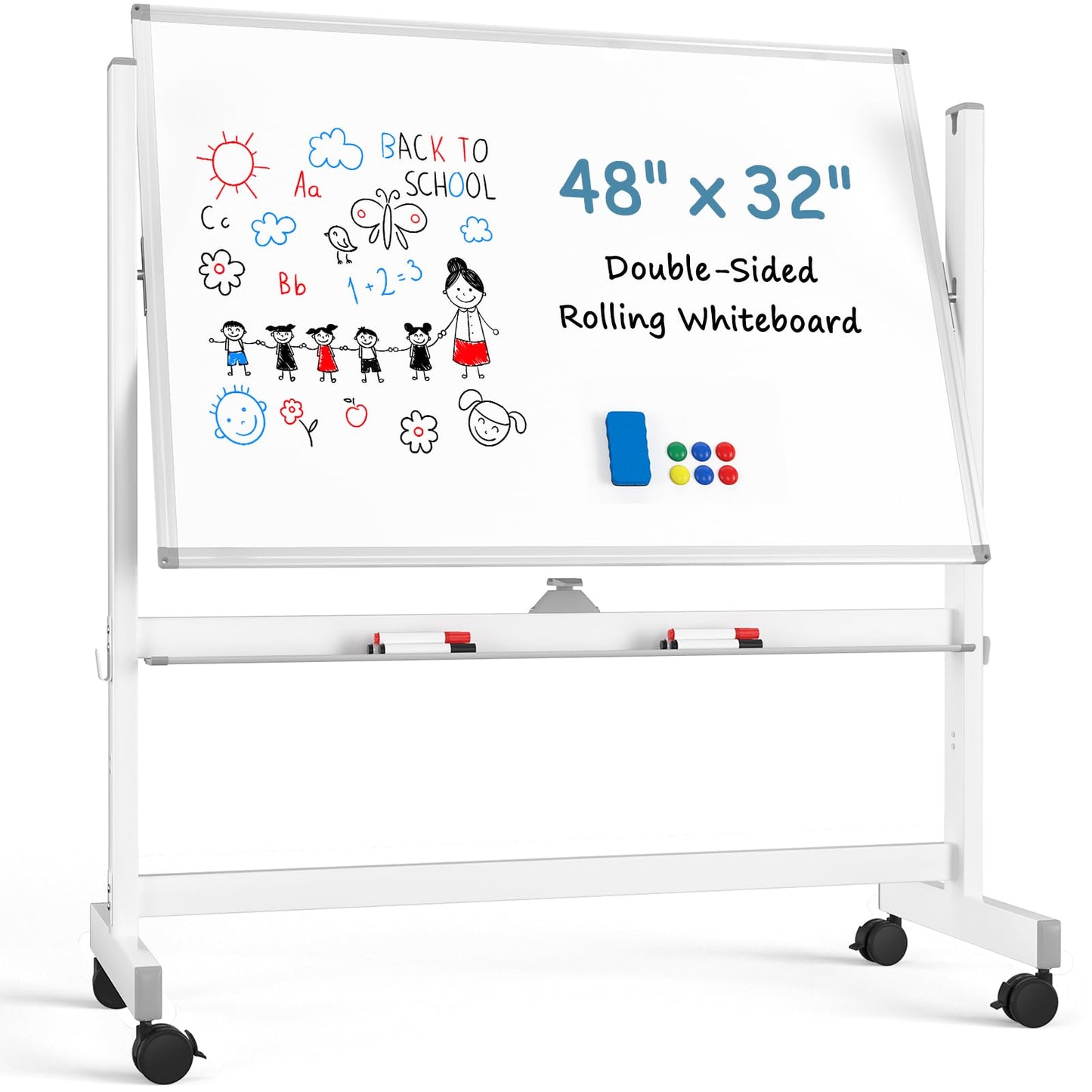 MaxGear Rolling Whiteboard, 48x32 Mobile White Board on Wheels, Double-Sided Magnetic Dry Erase Board with Stand, Adjustable Height Large Whiteboard for Home, School & Office, White