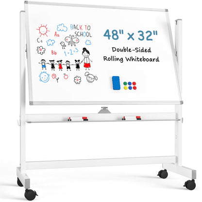 MaxGear Rolling Whiteboard, 48x32 Mobile White Board on Wheels, Double-Sided Magnetic Dry Erase Board with Stand, Adjustable Height Large Whiteboard for Home, School & Office, White