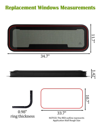 RV Window | 33.7"W x 10.7"H | Universal Camper Van Bunk Awning Window | Tempered Glass &Trim Set | DOT Certification Qualified