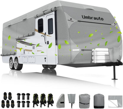 Umbrauto RV Cover 27-30ft: 7 Layers Travel Trailer Cover, Waterproof Camper Cover, Toy Hauler Cover with Tongue Jack Cover, Extra Windproof Ropes, Gutter Covers