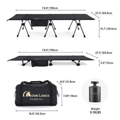 MOON LENCE Camping Cot, Height Adjustable with Cot Leg Extenders, Strong Support 330lbs, Ultra Lightweight Comfortable Folding Bed for Adult Camping, Hiking, Travel, Truck, Beach, Office Nap