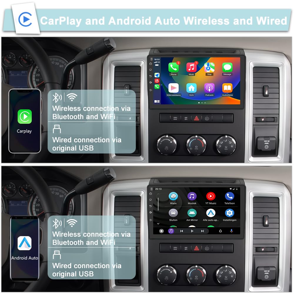 Votheon 4GB+64GB Car Radio Upgrade for Jeep JK Wrangler 2007-2018 Dodge RAM 1500/2500 Compass Grand Cherokee with Wireless CarPlay/Android Auto/10.1'' Touch Screen/Android13/Backup Camera/FM AM/WiFi