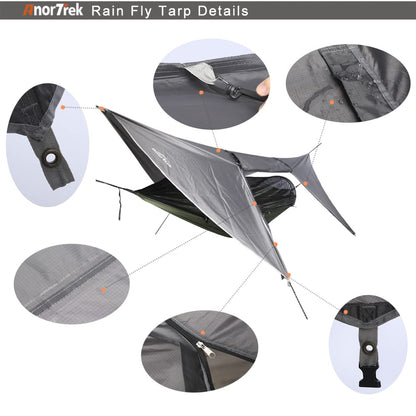 AnorTrek Camping Hammock with Mosquito Net and Rain Fly Tarp, Portable Double Hammock with Two Tree Straps, 230T Nylon Hammock and Waterproof Rain Fly Set for Hiking, Backpacking, Overnight (Green)