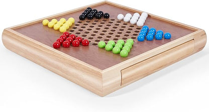 VAMSLOVE 13 Chess Chinese Checkers 2 in 1 Wooden Board Game Set with Pieces Storage Drawer - 2 Extra Queens Bonus Marbles for Birthday Gift (Instructions Included)