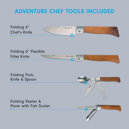 Messermeister Adventure Chef Summit Set, Carbonized Maple - Folding 6” Chef’s Knife, 6” Fillet Knife, Steak Knife, Fork & Spoon, Peeler & Parer, TPE Cutting Board + Waxed Canvas Case