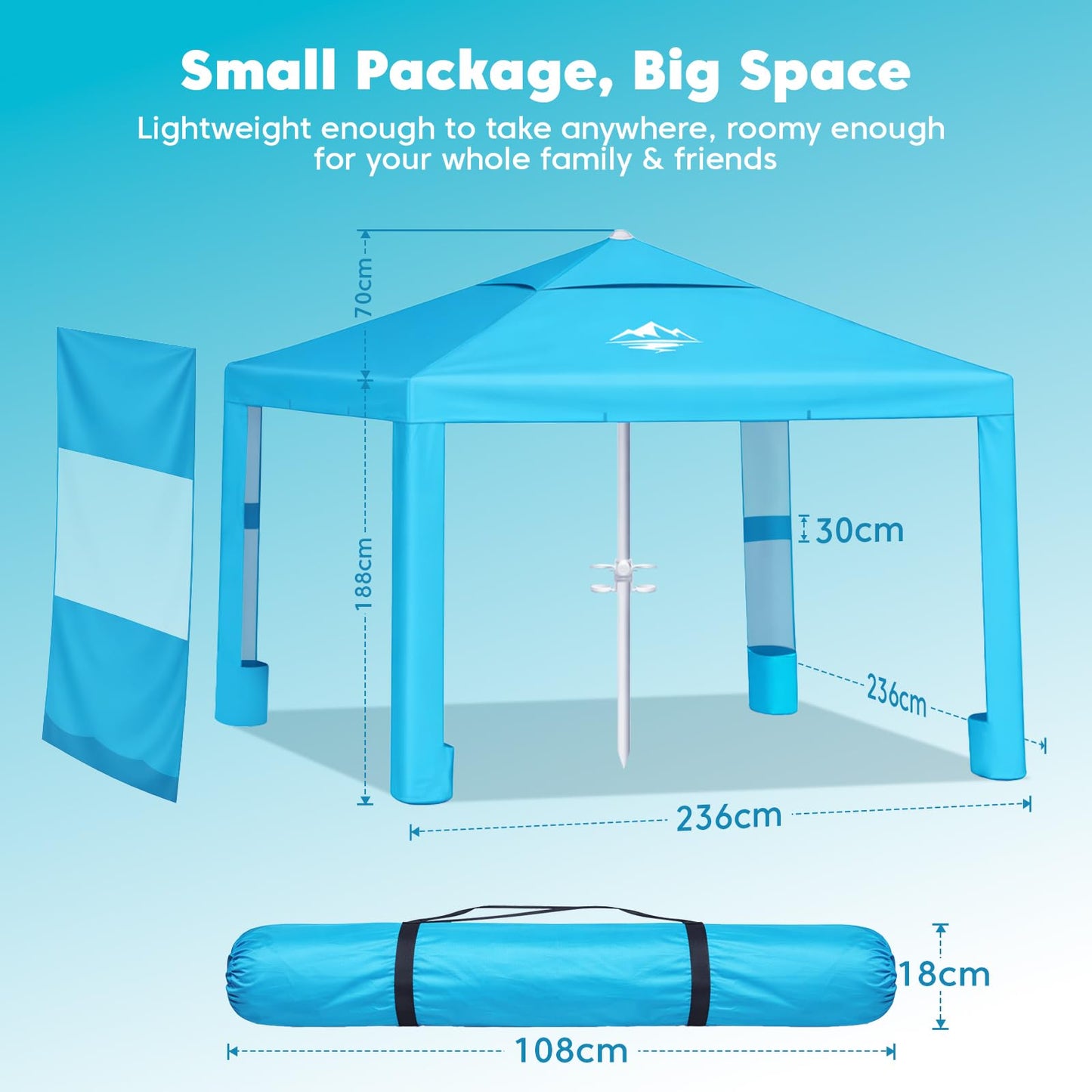 Purebox Beach Tent Shade Canopy - 8 * 8FT UPF50+ Beach Umbrella Sun Shelter 3Min Setup for 8 Person Cabana Tent with Sand Pockets Removable Side Walls Instant Sun Shade for Family, Camping, Fishing