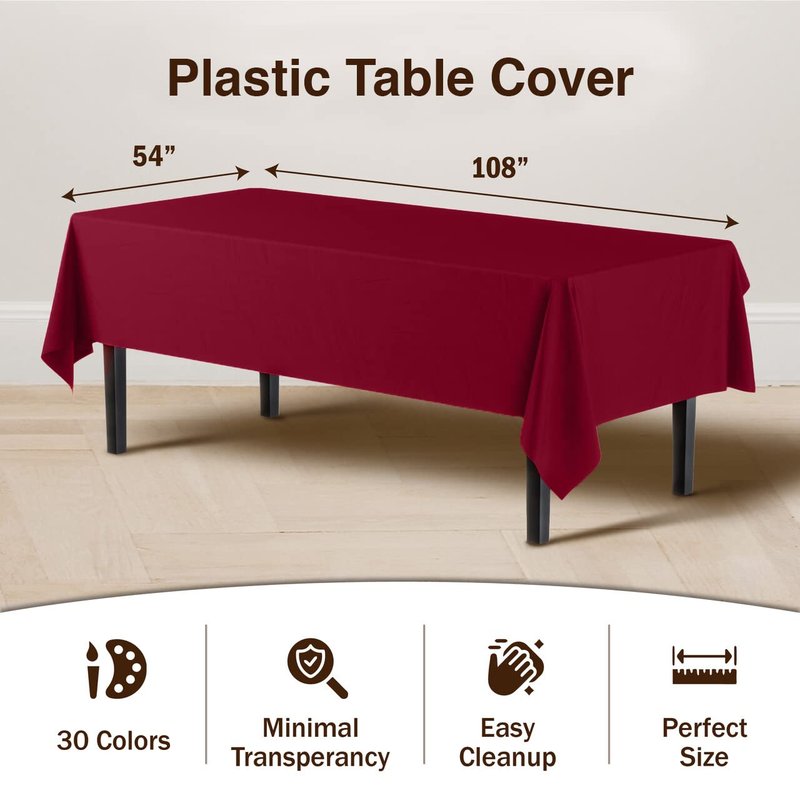 Exquisite 12-Pack Premium Plastic Tablecloth Pack of 12 Premium Plastic Tablecloth 54 Inch x 108 Inch Rectangle Table Cover - Burgundy