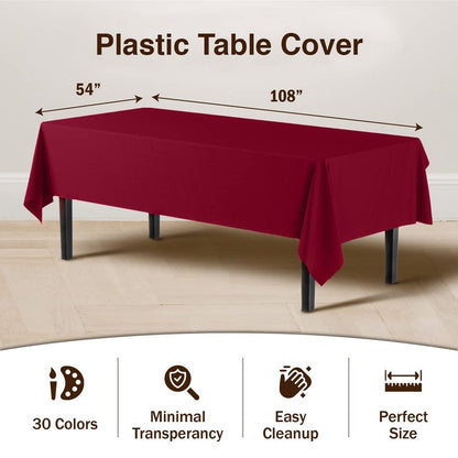 Exquisite 12-Pack Premium Plastic Tablecloth Pack of 12 Premium Plastic Tablecloth 54 Inch x 108 Inch Rectangle Table Cover - Burgundy