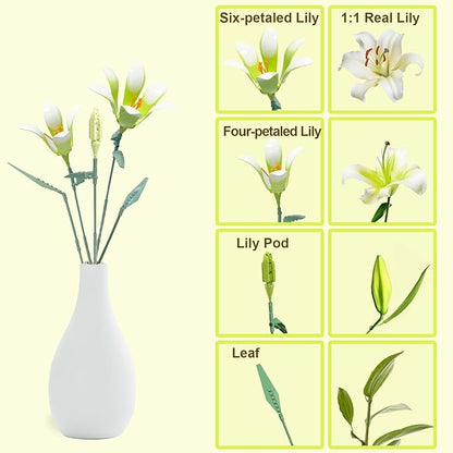 Lily Flower Building Kit for Adults Flower Bouquet Building Block Set Artificial Flowers Mini Building Bricks for Gifts/Home Decor Botanical Collection (White)