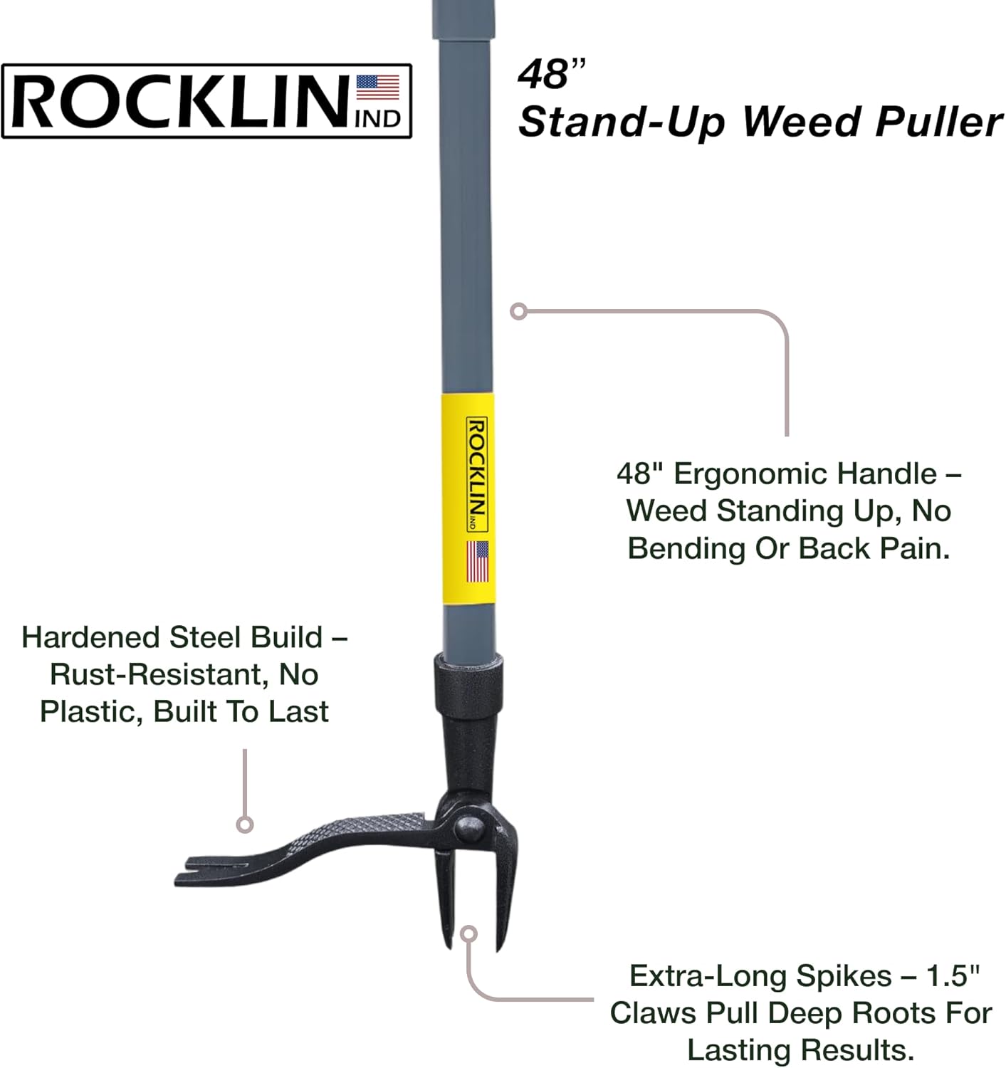 Rocklin™ Stand Up Weed Puller Tool - 4 Claw Steel Head - 48-Inch Handle for Easy Weeding