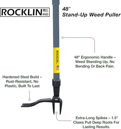 Rocklin™ Stand Up Weed Puller Tool - 4 Claw Steel Head - 48-Inch Handle for Easy Weeding