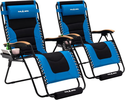 Amopatio Padded Oversized Zero Gravity Chair Set of 2 with Cup Holder, 30" Wide Folding Reclining Camping Lounge Chairs with Headrest/Footrest for Indoor and Outdoor, Support 400LBS,Blue
