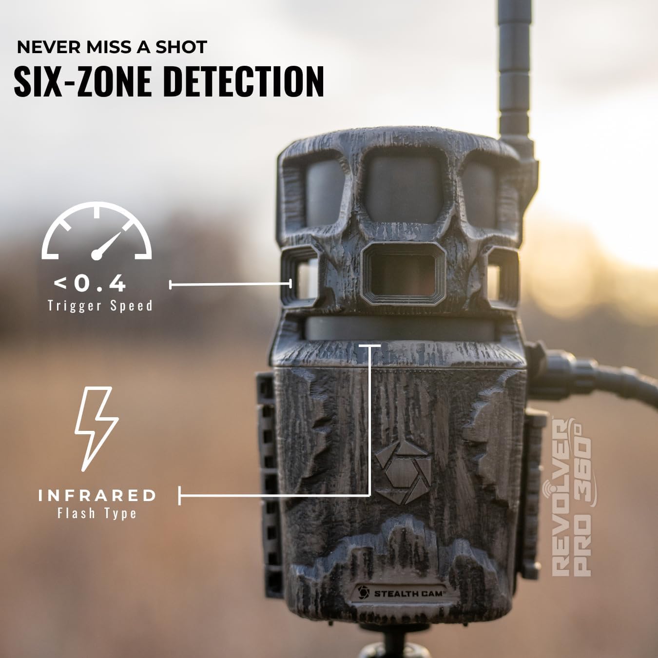 Stealth Cam Revolver Pro 2.0 – 360° Cellular Trail Camera with Auto-Scan, No-Glow IR Flash, 0.4s Trigger Speed, HD Video, Verizon/AT&T Compatible Includes Solar Panel & Cloth (1PK)
