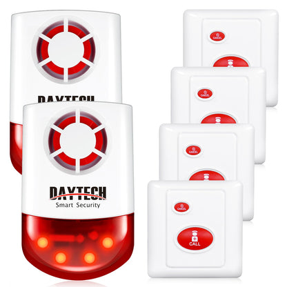 Daytech Panic Alarm Button-Strobe Siren Alarm with Light for Home Caring, 500ft Range, Loud Outdoor SOS Alert System with 2 Red Flashing Siren & 4 Panic Button for Store/Hotel/Jewelry/Shop Security