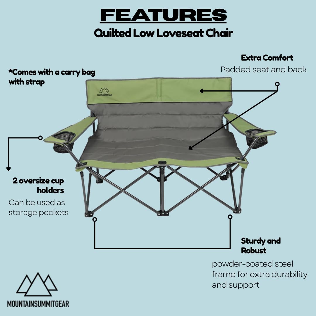 Quilted Double Camping Chair and Single Camping Chair with Padded Seat and Back for Camping/Hiking/Backpacking – Available in Low and Standard Heights (Low Loveseat (Gray/Asparagus))