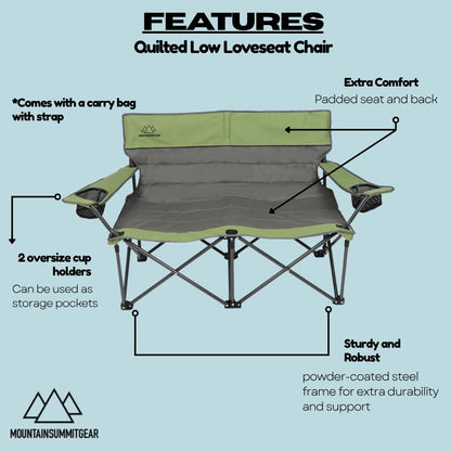 Quilted Double Camping Chair and Single Camping Chair with Padded Seat and Back for Camping/Hiking/Backpacking – Available in Low and Standard Heights (Low Loveseat (Gray/Asparagus))