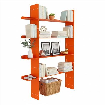 AxureM Modern 4-Tier Floating Wall Shelf, Heavy Duty Metal Bookcase, Decorative Wall Mounted Metal Shelf for Living Room, Bedroom & Office – Designer Home Decor (Orange)