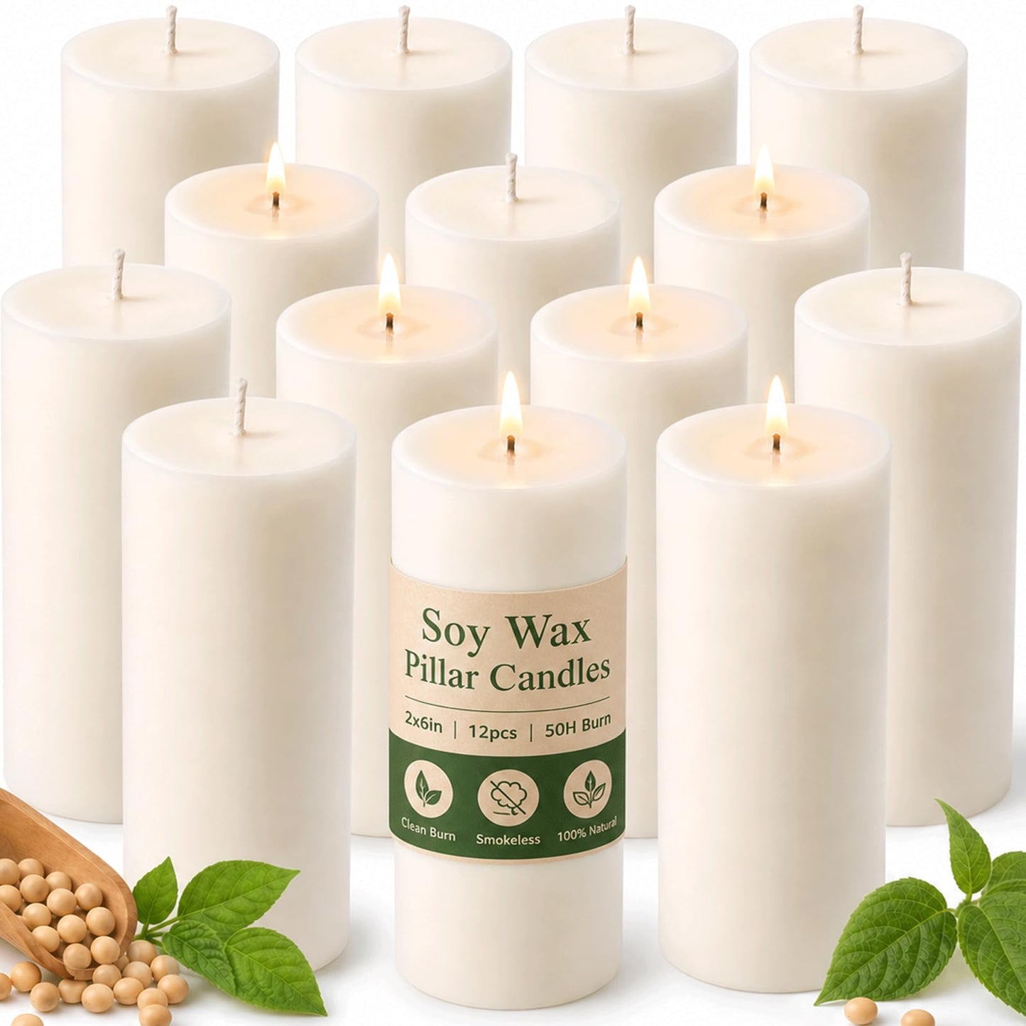 12 Pack Creamy White Soy Wax Pillar Candles 2x6 in, Unscented Decorative Candles, 600h Total Burn (50h Each), Clean Burning, Smokeless & Dripless for Wedding, Fireplace, Home Decor & Dinner Table
