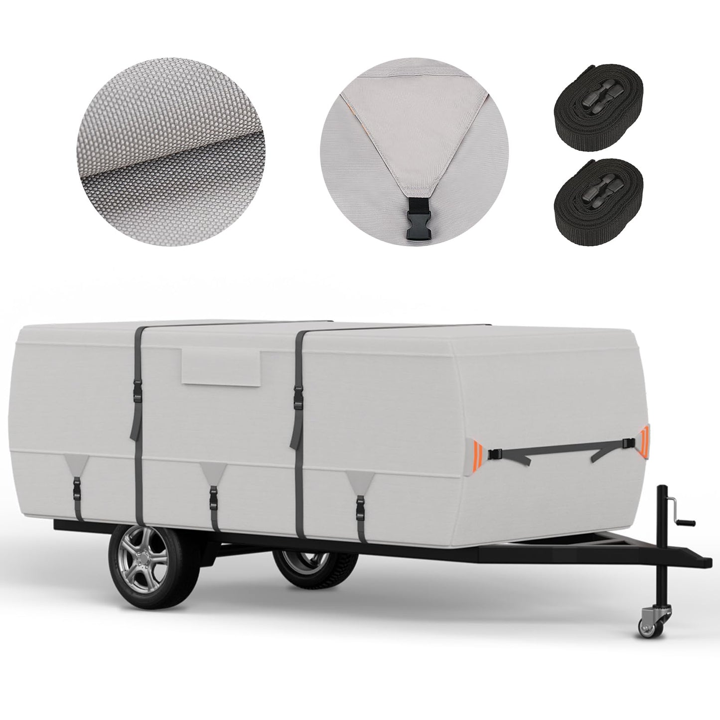 Tuszom True 900D Oxford Anti-Scratch Pop Up Camper Trailer Cover, Upgraded Waterproof Anti-UV Folding Camping RV Cover, Fit 14'-16' with 7 PCS Reinforced Windproof Straps for Motorhome