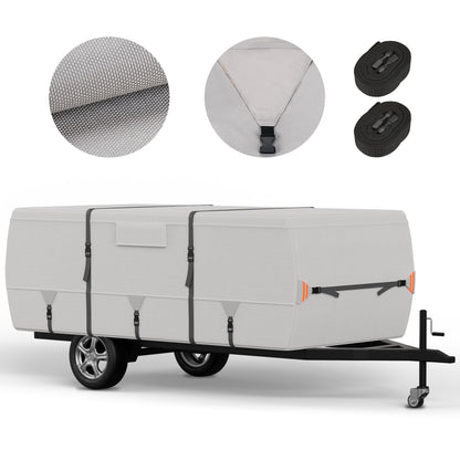Tuszom True 900D Oxford Anti-Scratch Pop Up Camper Trailer Cover, Upgraded Waterproof Anti-UV Folding Camping RV Cover, Fit 12'-14' with 7 PCS Reinforced Windproof Straps for Motorhome