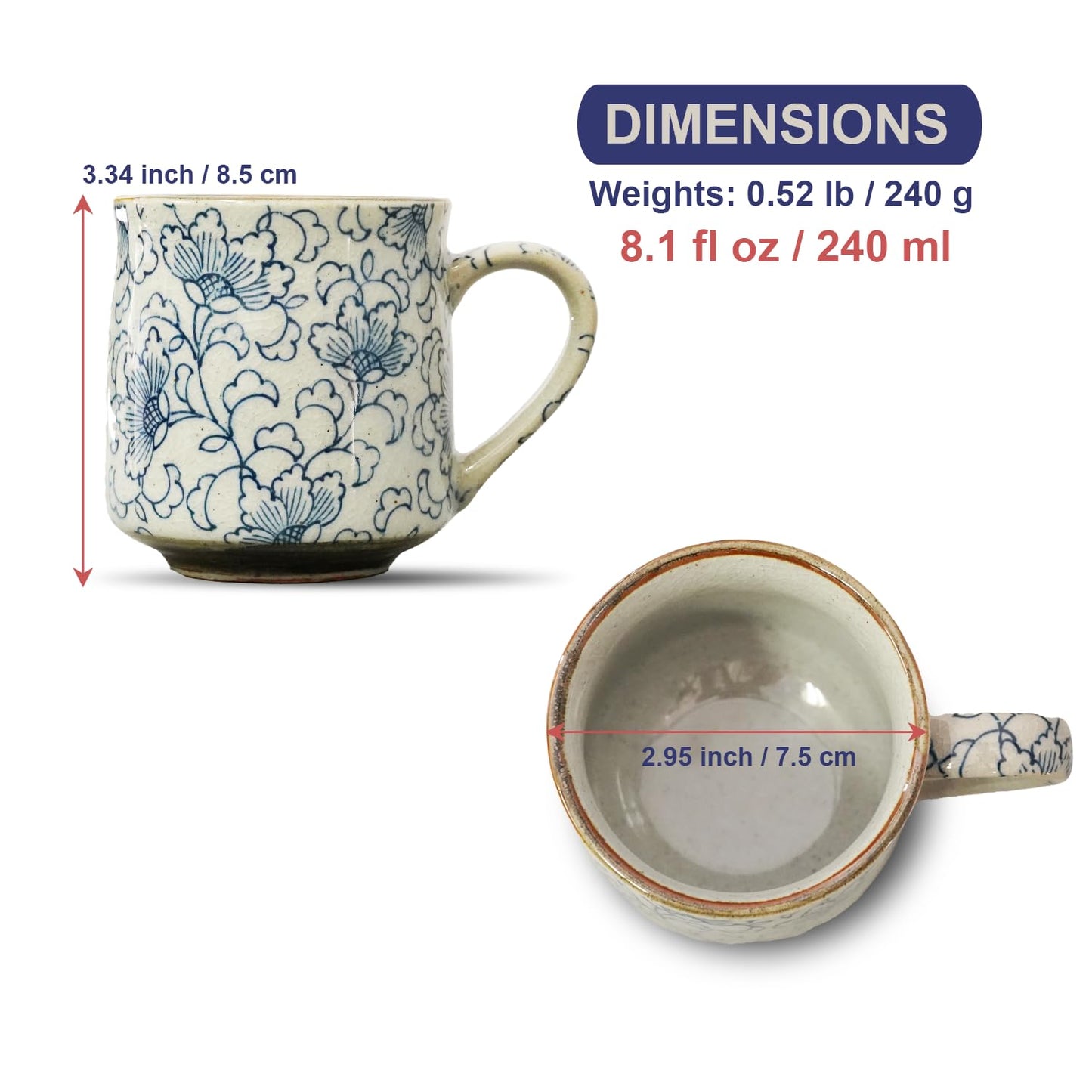 Nostalgic Mino Ware Ceramic Sometsuke Small Mug Cup - Japanese Crafted, Floral Pattern, Comfort Grip Handle, For Coffee and Green Tea or Soup, Matcha Tea, Gift Box Included (Arabesque)