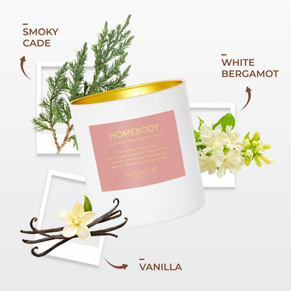 Moodcast Homebody Scented Candle - Aesthetic Candle for Home, Vanilla, White Bergamot & Smoky Cade, Clean Coco Wax Blend, Vegan, Paraben Free, 45-Hour Long Lasting Burn - 8oz