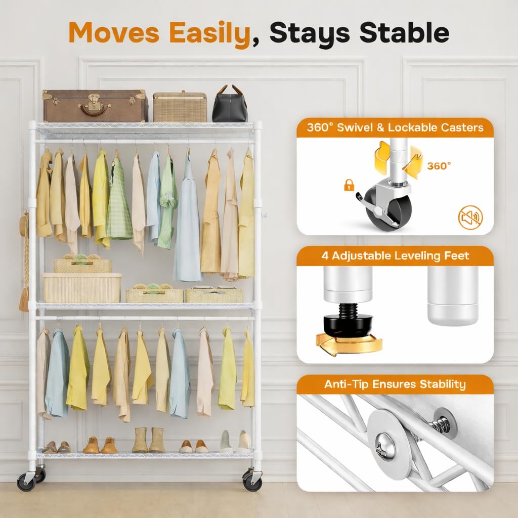 Simple Deluxe Rolling Clothes Rack, Heavy Duty Clothing Rack, 3-Shelf Portable Adjustable Wardrobe Closet with Wheels, Hanging Rods & Side Hooks, 43.3" W x 17.7" D x 80.3" H, White