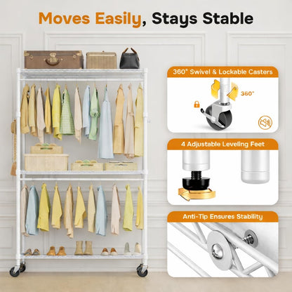 Simple Deluxe Rolling Clothes Rack, Heavy Duty Clothing Rack, 3-Shelf Portable Adjustable Wardrobe Closet with Wheels, Hanging Rods & Side Hooks, 43.3" W x 17.7" D x 80.3" H, White