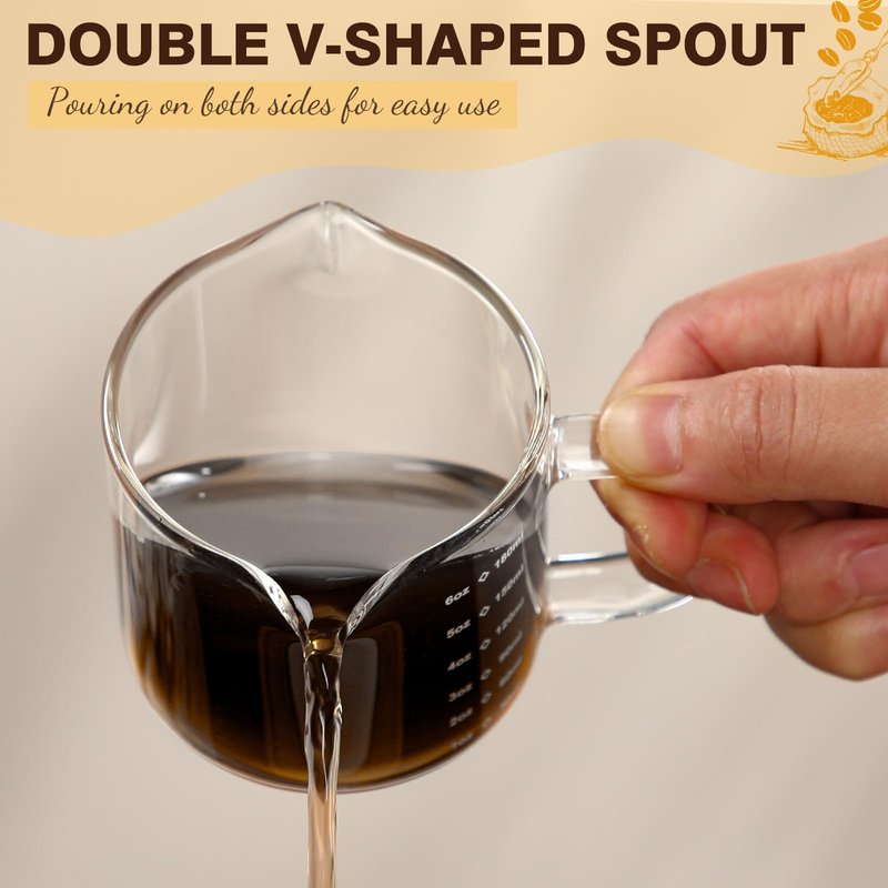 Patelai 4 Pcs 6oz/180ml Espresso Cups, Glass Measuring Cups with Double Spouts & Handle, Scale Espresso Shot Glass Milk Frothed Cup Coffee Accessories for Machines, Milk Frothed, and Bars