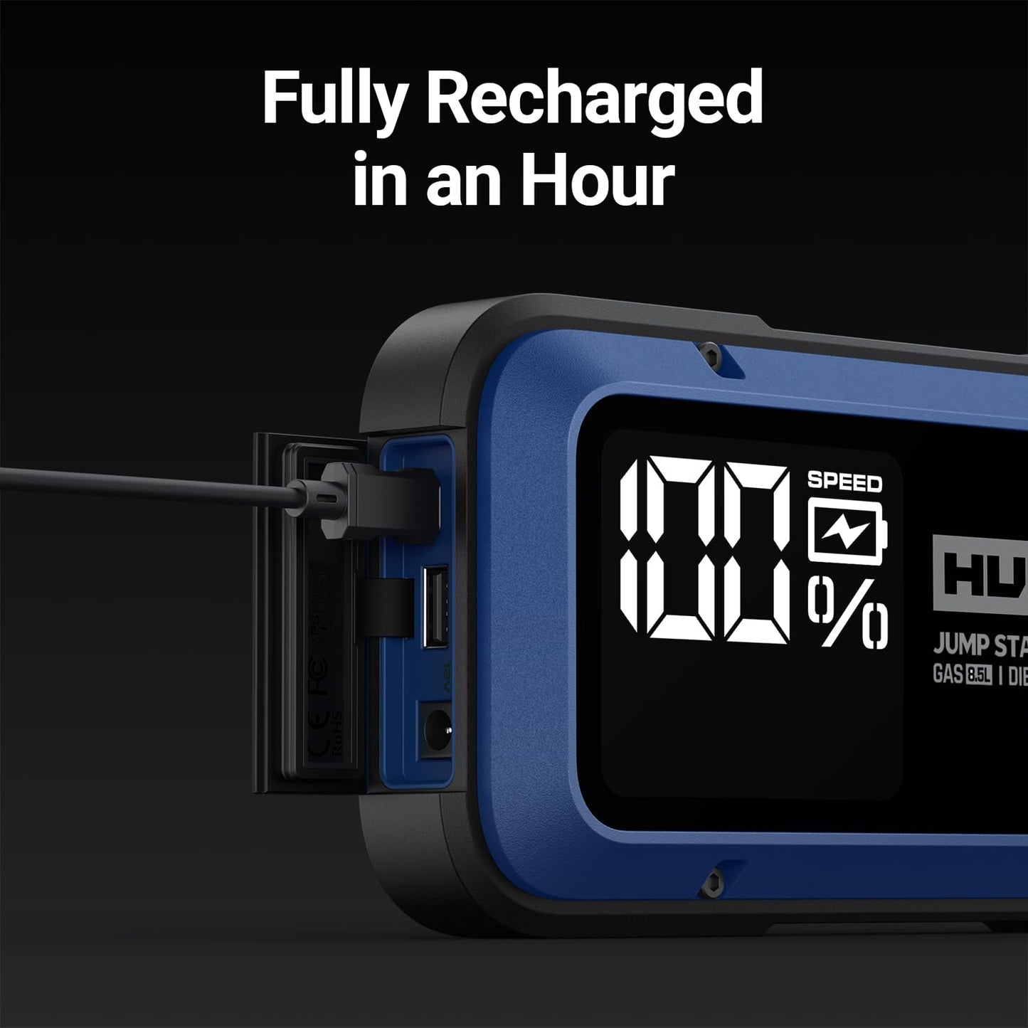 Hulkman Alpha85,Cobalt Blue,2000A 74Wh Smart Jump Starter, 12V Portable Car Battery Booster with 3.3" Display, USB-C Power Pack, 5-Mode Flashlight, Jumper Cables for up to 8.5L Gas/6.0L Diesel