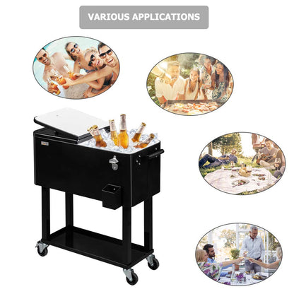 VINGLI 80 Quart Rolling Ice Chest, Portable Patio Party Bar Drink Cooler Cart, with Shelf, Beverage Pool with Bottle Opener (Black)