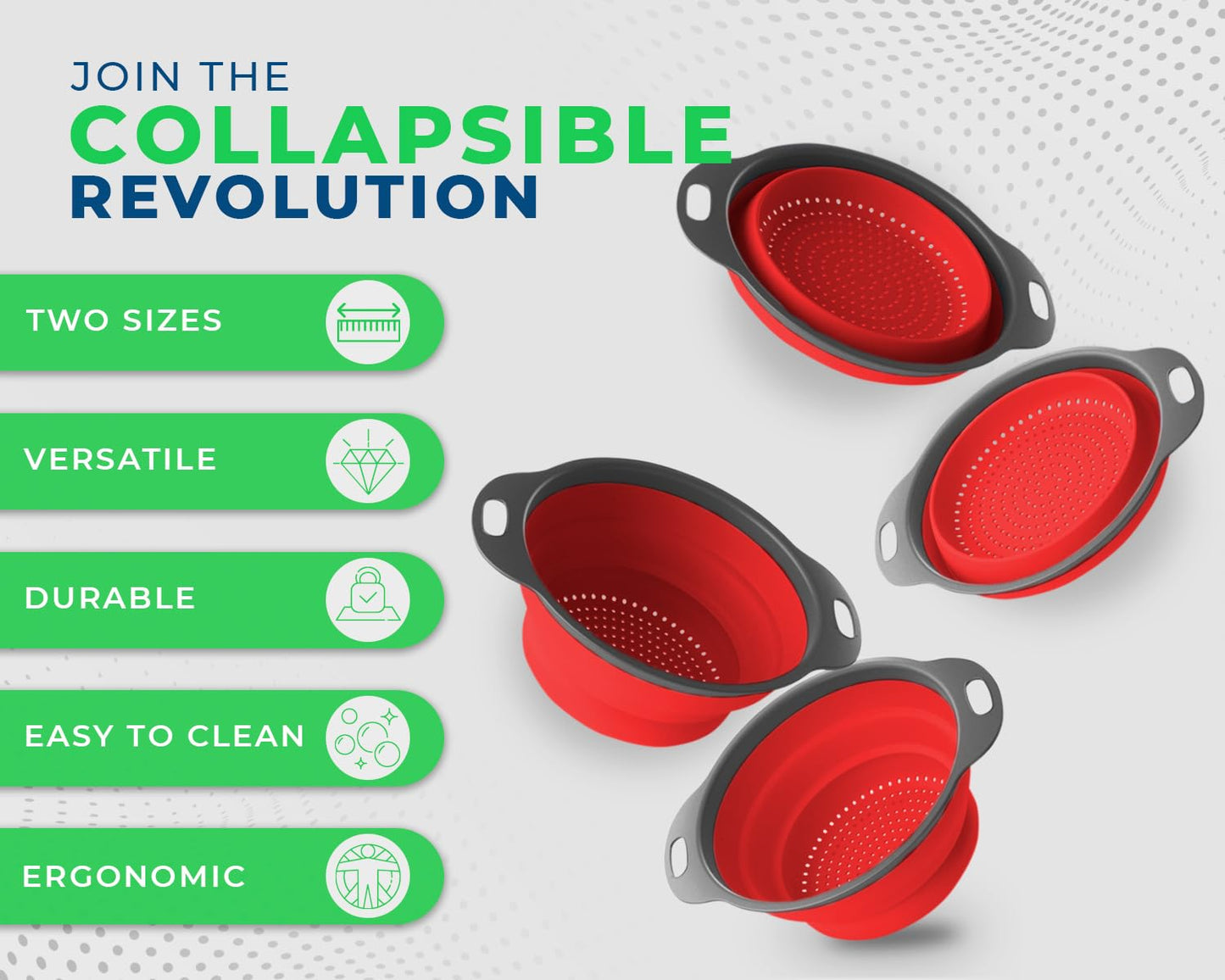 Ultimate Kitchen Strainers Set of 2 - Collapsible Silicone Colanders For Easy Storage by Comfify - Use with Pasta & Veggies or as a Fruit or Berry Bowl with Strainer - Irreplaceable for Campers - Blue
