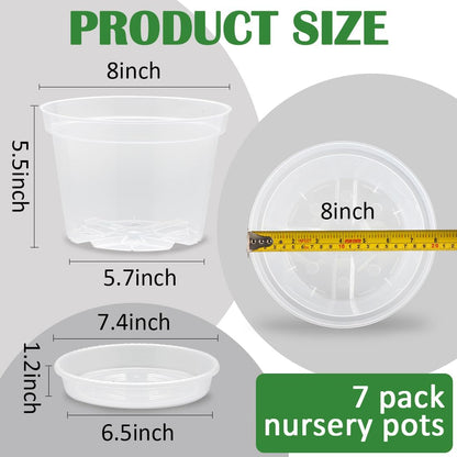 Skiennix 8-Inch Clear Nursery Pots - Sturdy Plastic Plant Pots with Drainage Holes | 7-Pack for Succulents & Herbs