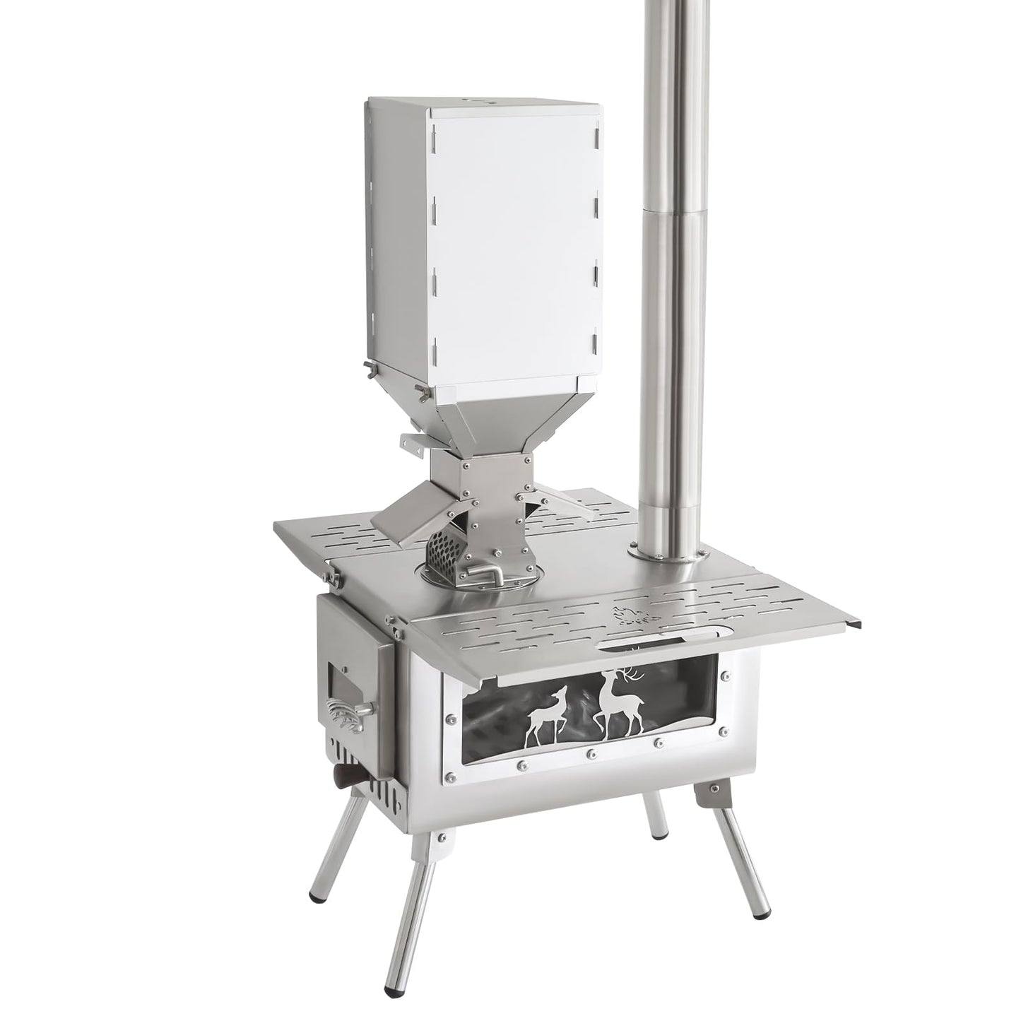 Outdoor Camping Tent Stove with Chimney Pellet Stove with Particle Burner Portable Outdoor Cooking Stove Stainless Steel (Silver)