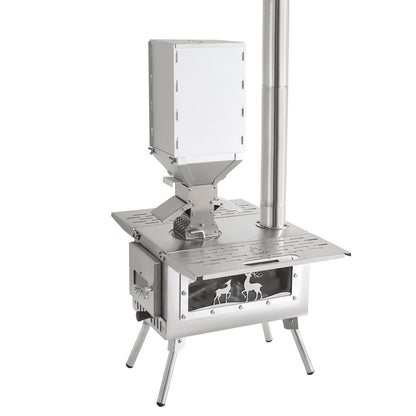 Outdoor Camping Tent Stove with Chimney Pellet Stove with Particle Burner Portable Outdoor Cooking Stove Stainless Steel (Silver)