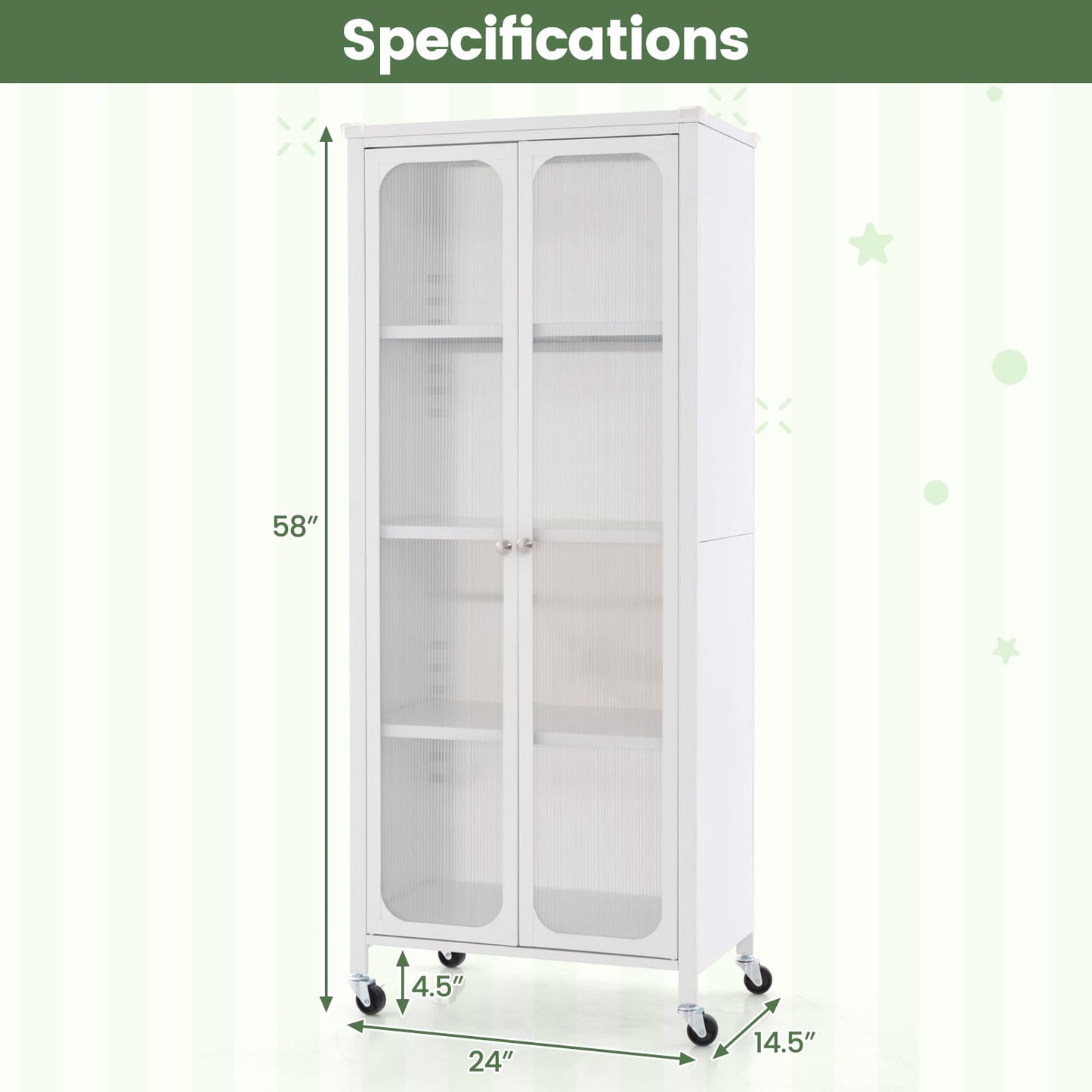 Giantex Bookcase with Doors, 58" Tall 4-Tier Bookshelf with Wheels, Adjustable Shelves, Heavy Duty Metal Frame, Freestanding Display Storage Cabinet for Living Room Bedroom Kitchen Pantry (White)