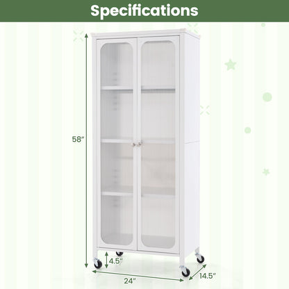 Giantex Bookcase with Doors, 58" Tall 4-Tier Bookshelf with Wheels, Adjustable Shelves, Heavy Duty Metal Frame, Freestanding Display Storage Cabinet for Living Room Bedroom Kitchen Pantry (White)
