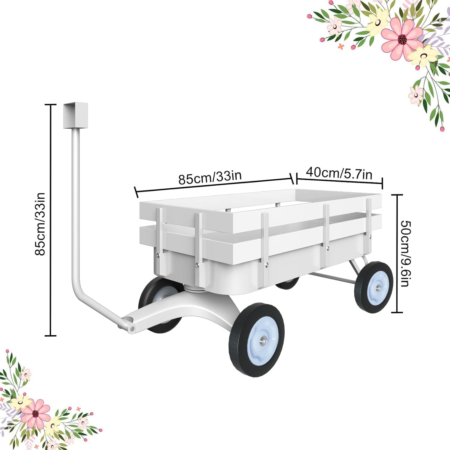 White All-Terrain Wagon, Wedding Flower Girls Wagon Cart with Handle, Utility Steel Cargo Wagons with Removable Wooden Side Panels (White, Small)