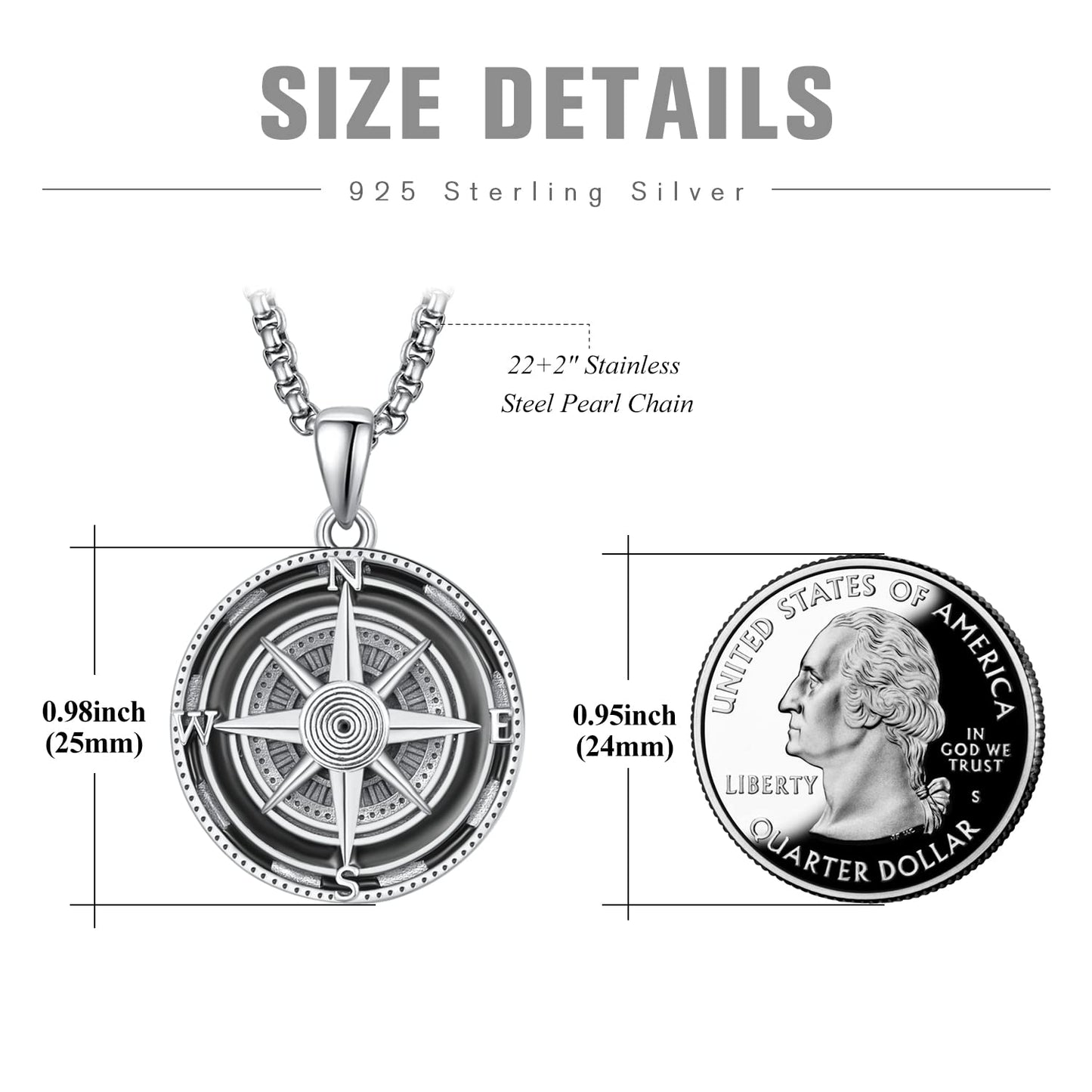 KINGWHYTE Compass Necklace for Men 925 Sterling Silver Necklaces Birthday Gifts Graduation Travel Jewelry for Husband Brother with Stainless Steel Chain 22"+2"