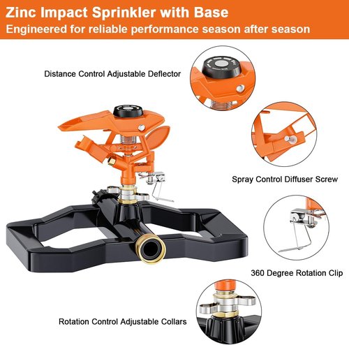 FANHAO Heavy Duty Pulsating Impact Sprinkler - 360° Rotating Lawn Irrigation System | Covers Up to 5,800 Sq. Ft
