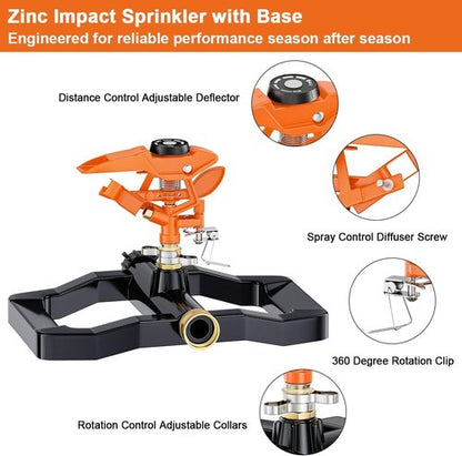 FANHAO Heavy Duty Pulsating Impact Sprinkler - 360° Rotating Lawn Irrigation System | Covers Up to 5,800 Sq. Ft