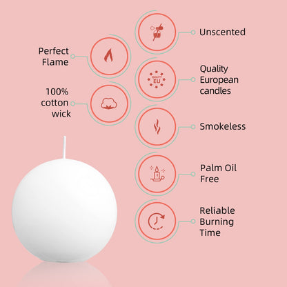 Ball Pillar Candles Set of 3 White 3Inch Unscented Handpoured Weddings, Home Decoration, 75 Hour