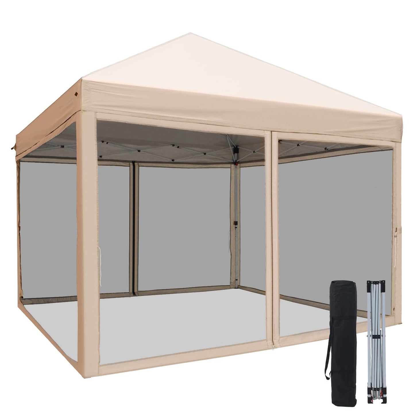 HAVZENO 10x10 Pop Up Canopy Tent with Mosquito Netting, Portable Waterproof Instant Outdoor Screen Shelter, Pop Up Tent for Patio, Backyard, Parties, Camping and Events, Beige