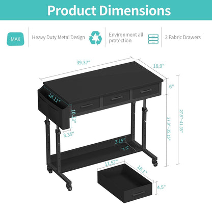 Rolling Standing Desk Adjustable Height with Drawers, 40 Inch Mobile Stand Up Portable Teacher Desks on Wheels for Classroom, Couch Sofa Side Laptop Table with Storage for Bedroom Home Office, Black